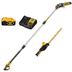 DeWalt Cordless 20 Volt Pole Saw, a hedge trimmer attachment, a battery, and a battery charger