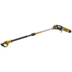 The Dewalt 20V MAX* XR Brushless Cordless Pole Saw comes equipped with an 8" bar and chain and delivers up to 96 cuts per charge.