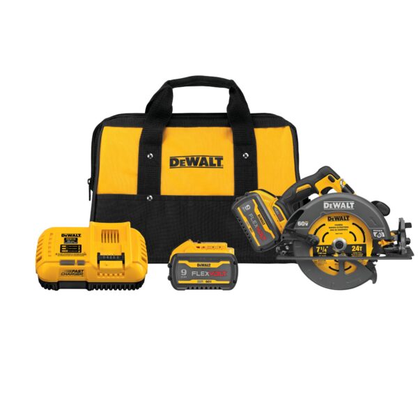 Dewalt 60V circular saw with 7-1/4&quot; blade, 2 Dewalt batteries, a battery charger, and a contractor&#039;s bag