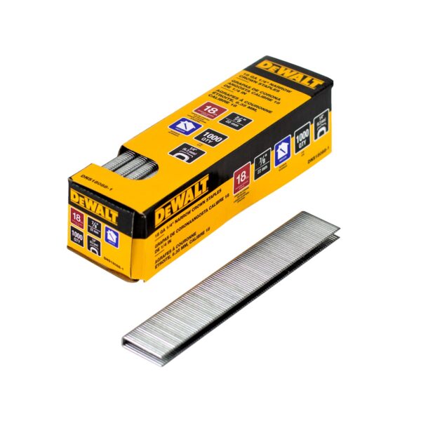 Box of 1000 DEWALT 18 Gauge 1/4" Crown 7/8" Staples with 1 strip of staples lying beside the box