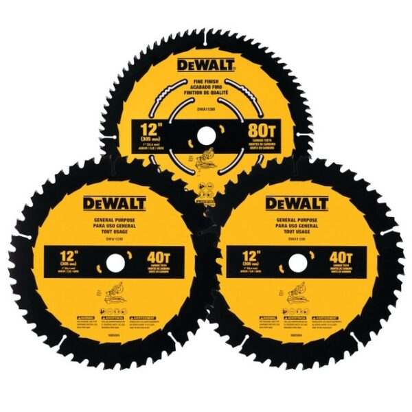 3 DeWALT 12&quot; Wood cutting Circular Saw Blades - 1 blade with 80 teeth, and 2 blades with 40 teeth. Each blade has a center arbor hole