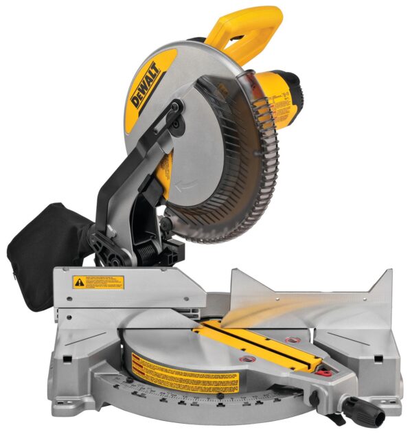 DeWalt corded single-bevel compound 12 inch mitre saw with a blade and a dust bag