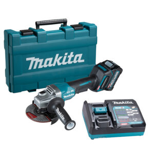 Makita 40 volt grinder with a grinding wheel, Makita 40V battery, a battery charger, and a carrying case