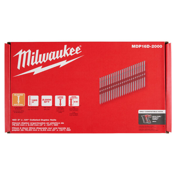 A red box of Milwaukee 16D 3” x .131” Collated Duplex Nails