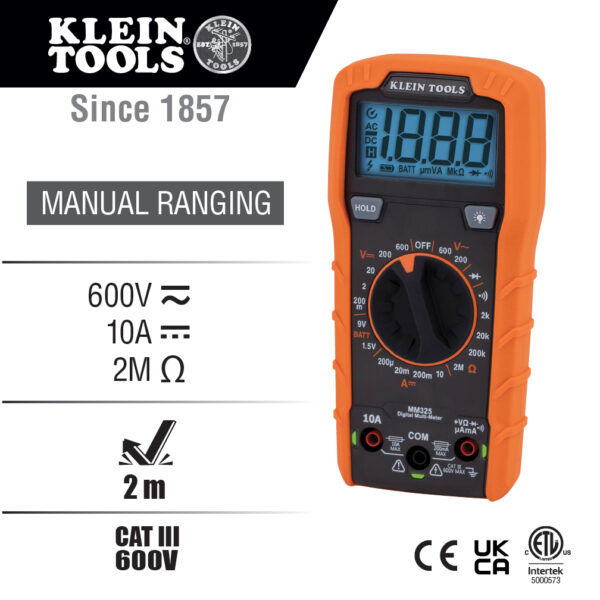 KLEIN Digital Multimeter, Manual-Ranging, 600V 2