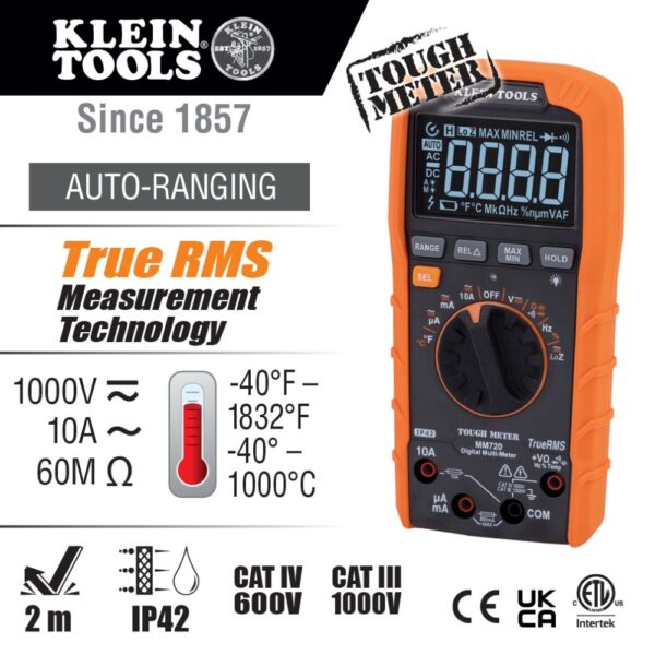 KLEIN Digital Multimeter, TRMS Auto-Ranging, 1000V, Temp, Low Impedance 5