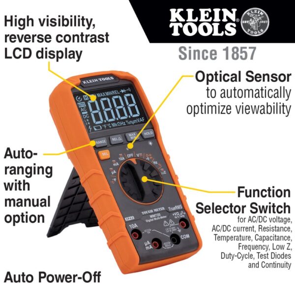 KLEIN Digital Multimeter, TRMS Auto-Ranging, 1000V, Temp, Low Impedance 6