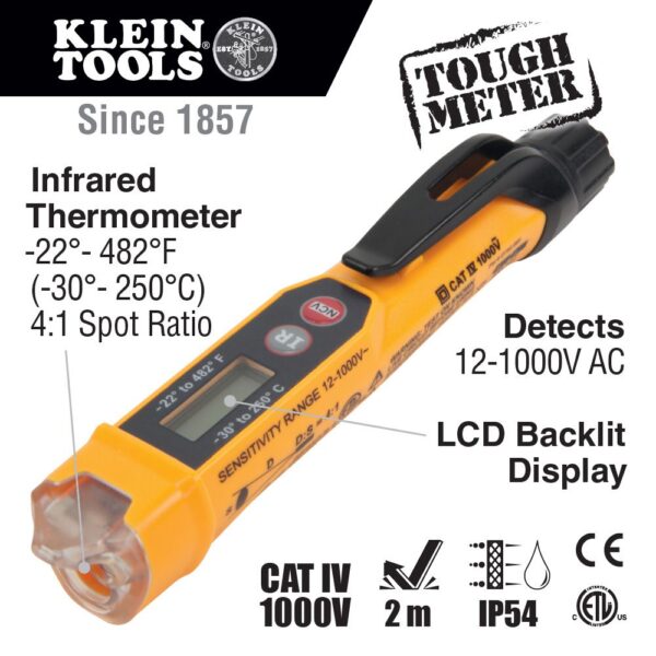 KLEIN Non-Contact Voltage Tester Pen, 12-1000 AC V with Infrared Thermometer 6