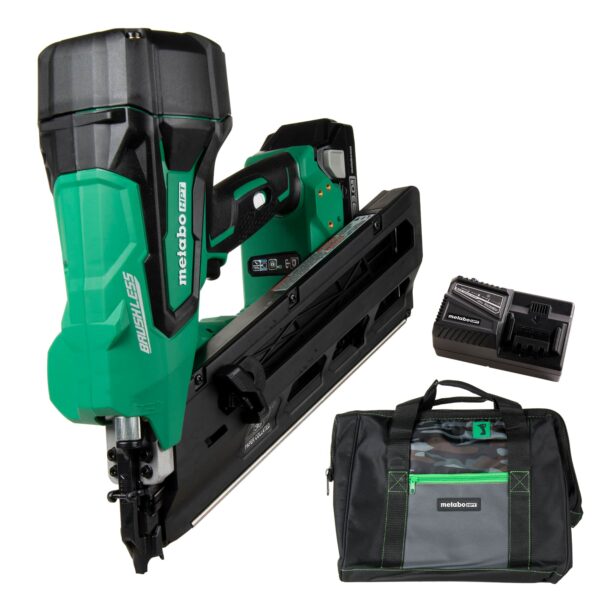 Metabo framing nail gun, battery, battery charger, and contractor&#039;s bag