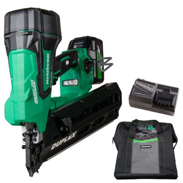 METABO HPT 36V MultiVolt Cordless Duplex Nailer Kit with a battery, a battery charger, and a kit bag