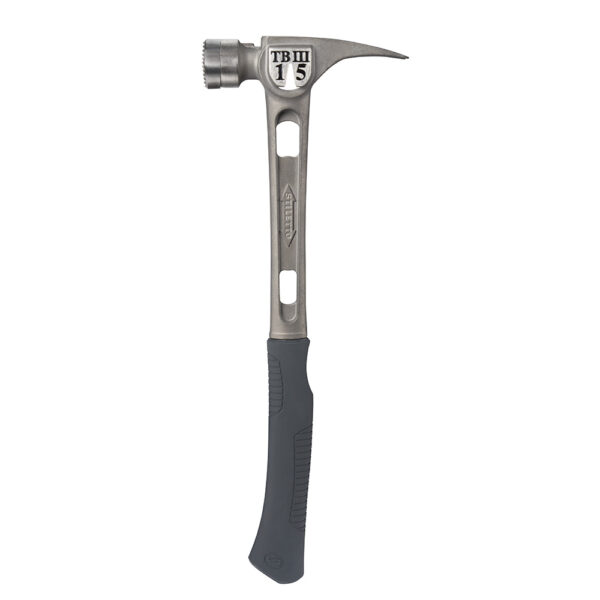The STILETTO® 15oz TI-BONE™ III Hammer with Steel Milled Face and 18″ Curved Handle is our most powerful and most durable hammer. This 15oz full titanium hammer hits like a 28oz steel hammer, with 45% less weight and 10x less recoil shock. It is recommended for rough framing, remodeling, and pole barn construction. The TI-BONE™ III features a 180° side nail puller that allows you to pull 6D-16D nails with ease and includes a magnetic nail starter.