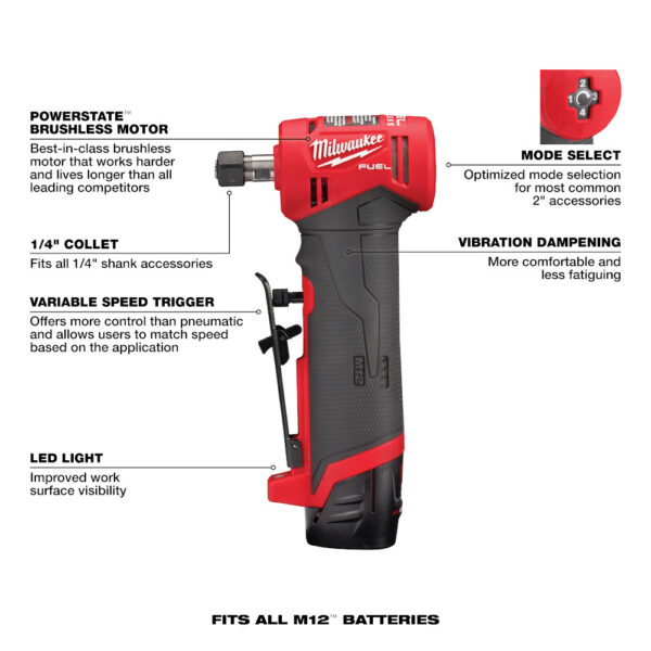 MILWAUKEE M12 FUEL™ 1/4&quot; Right Angle Die Grinder 2 Battery Kit 5