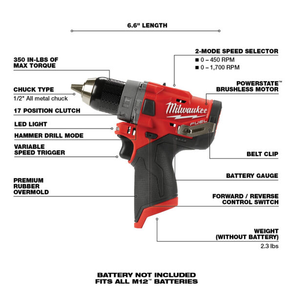 MILWAUKEE M12 FUEL™ 1/2&quot; Hammer Drill (Tool Only) 3