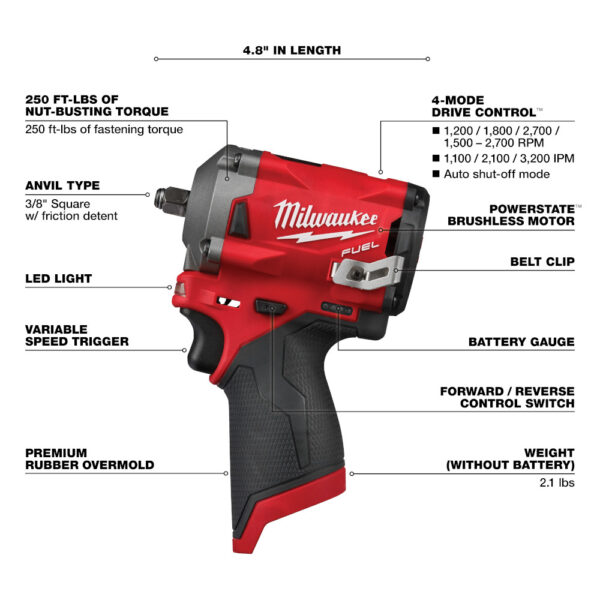 MILWAUKEE M12 FUEL™ 1/4" Stubby Impact Wrench (Tool Only) 3