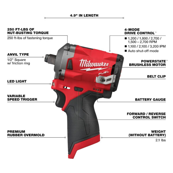 MILWAUKEE M12 FUEL™ 1/2&quot; Stubby Impact Wrench (Tool Only) 3