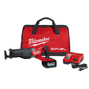 Milwaukee reciprocating saw, Milwaukee battery, a battery charger, and a contractor's bag