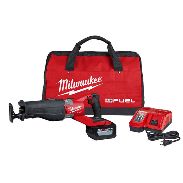 Milwaukee reciprocating saw, Milwaukee battery, a battery charger, and a contractor&#039;s bag
