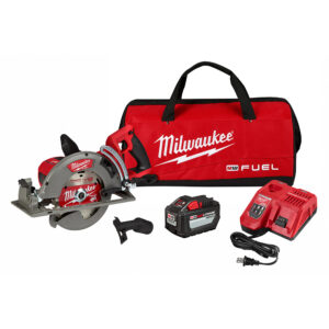 Milwaukee rear handle circular saw, 2 batteries, battery charger and a contractor's bag