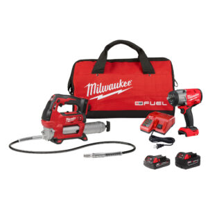 Milwaukee 1/2" high torque impact wrench, grease gun, 2 batteries, a charger, and a contractor's bag