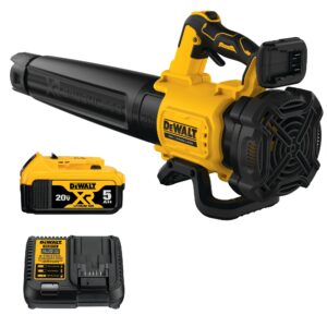 The Dewalt 20V MAX* XR® Brushless Handheld Blower provides the ability to clear debris with an air volume of up to 450 cubic feet per minute.