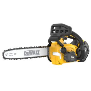 Built for the experienced tree professional, the 60V MAX* 14 in. Top Handle Chainsaw uses advanced FLEXVOLT® batteries to maximize power without the hassles of gas. Cut through an 11 in. log up to 35% faster than a 35cc gas chainsaw‡ with up to 2.4 HP and a chain speed of 23 m/s. Engineered to deliver optimal maneuverability while operating in difficult areas, this saw is ideal for tree pruning and removal. Powered by FLEXVOLT® batteries, this saw has the capacity to make 160 cuts per charge on 4x4 pressure-treated pine†.