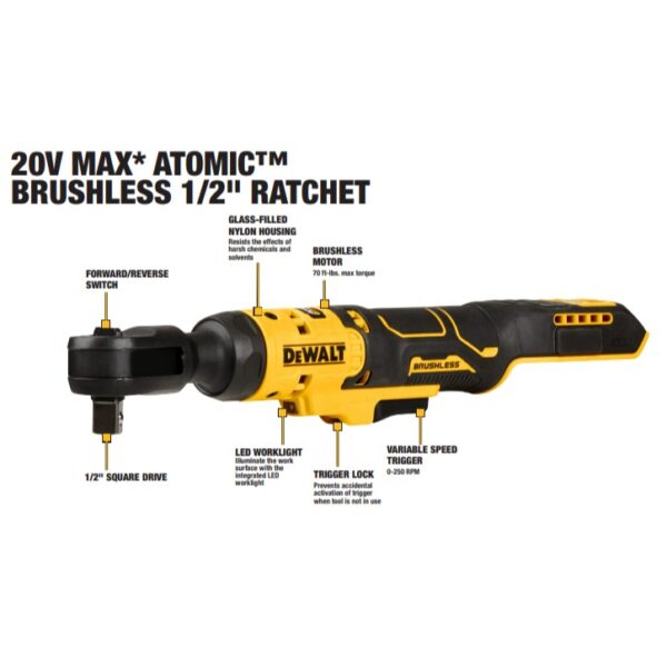 DEWALT ATOMIC COMPACT SERIES™ 20V MAX* Brushless 1/2" Ratchet (Tool Only) 3