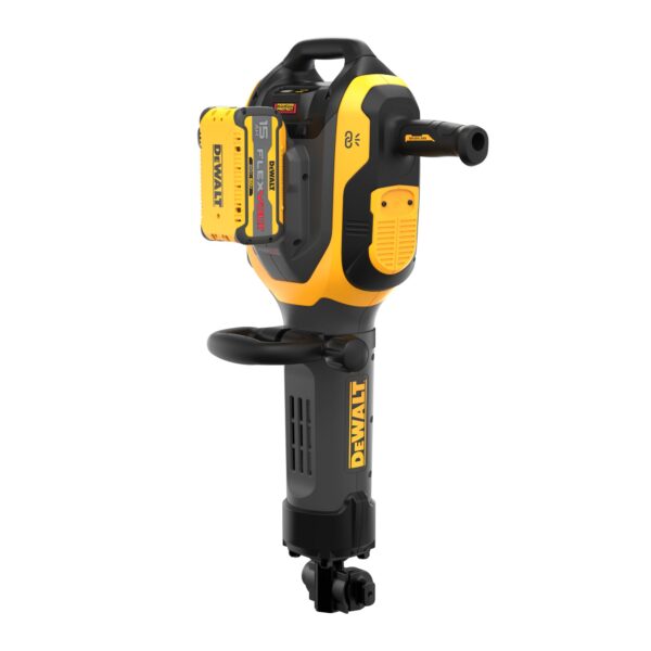 DEWALT 60V 27 lb SDS MAX Inline Chipping Hammer Kit shown with handles and a battery