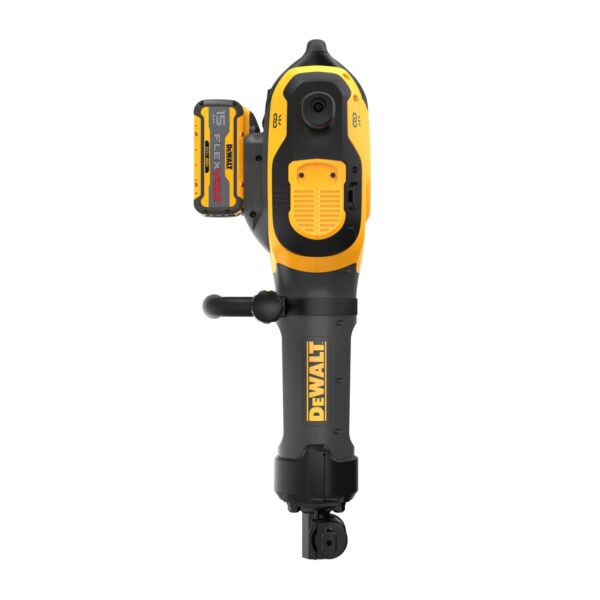 The DeWALT 60V 27 lb SDS MAX Inline Chipping Hammer DCH966Z2 shown from the side with handles and a 15 ah Flexvolt Battery