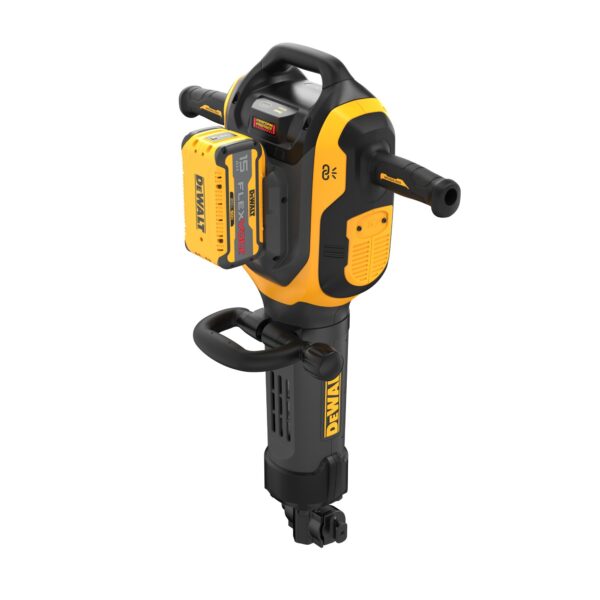 The DeWALT 60V 27 lb SDS MAX Inline Chipping Hammer DCH966Z2 shown from the front with handles and a 15 ah Flexvolt Battery