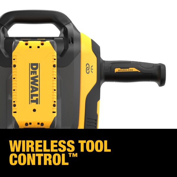 A close up view of the right handle and top right corner of the DeWALT 60V 27 lb SDS MAX Inline Chipping Hammer DCH966 with a FlexVolt Battery on the tool. A banner at the bottom promotes the Wireless Tool Control