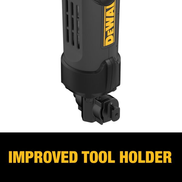 A close up image of the Improved Tool Holder on the DeWALT 60 Volt 27 lb SDS MAX Inline Chipping Hammer DCH966 with a banner at the bottom promoting this feature