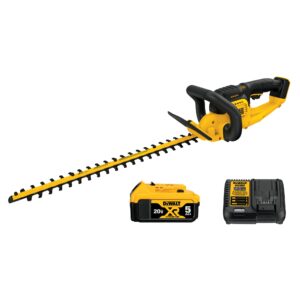 The DEWALT 20V MAX* Hedge Trimmer has laser cut, hardened steel blades engineered for clean, fast cuts on branches up to 3/4" thick with a 22" blade length.
