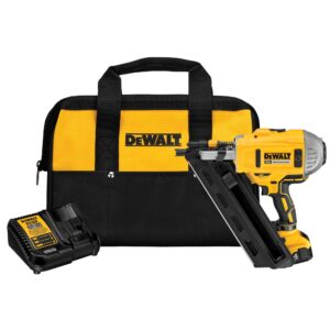 Cordless Dewalt Framing Nailer, a Dewalt battery, a battery charger, and a contractor&#039;s bag