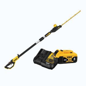 The Dewalt 20V pole hedge trimmer has a high output motor and 22" hardened steel laser-cut blades engineered for clean, fast cuts on branches up to 1" thick.