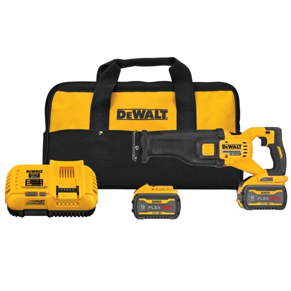 Dewalt reciprocating saw with 2 batteries, a dewalt charger, and a contractor bag