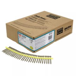 Box of 1000 QUIK DRIVE® Wood Screws #10 x 3" Tan For ACQ Lumber with 1 strip of screws in front of the box