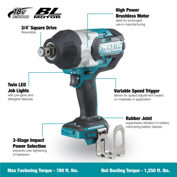 MAKITA 3/4&quot; Cordless High Torque Impact Wrench with Brushless Motor 2