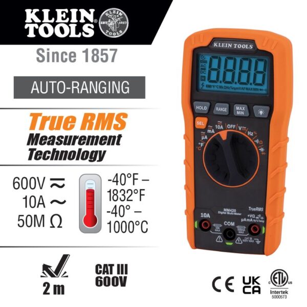 KLEIN Digital Multimeter, TRMS Auto-Ranging, 600V, Temp 5