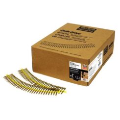 A box of 2000 QUIK DRIVE® Yellow Wood Screws #9 x 1-3/4" T25 Torx Drive with 2 strips of screws out of the box