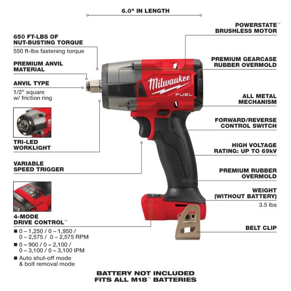 MILWAUKEE® M18 FUEL™ 1/2" Mid-Torque Impact Wrench w/ Friction Ring (Tool Only) 4