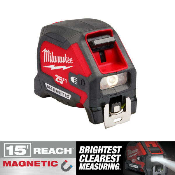 MILWAUKEE 25ft Compact Wide Blade Magnetic Tape Measure w/ Rechargeable Light 7
