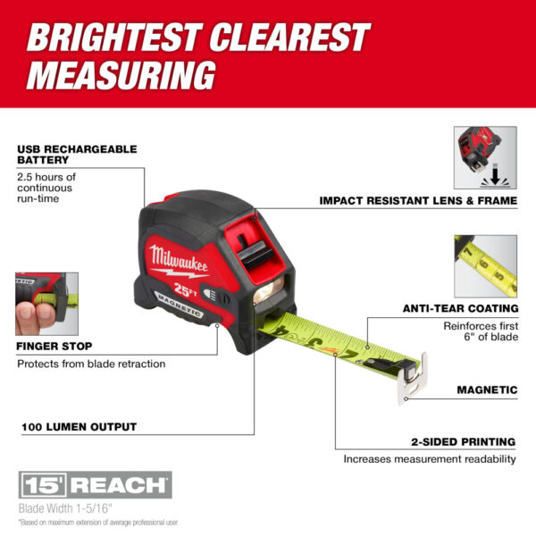 MILWAUKEE 25ft Compact Wide Blade Magnetic Tape Measure w/ Rechargeable Light 8