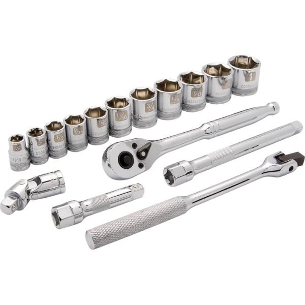 A Dynamic 3/8" drive chrome SAE socket set including a row of 11 sockets in order of size with a universal joint, a ratchet, 2 extensions, and a flex handle