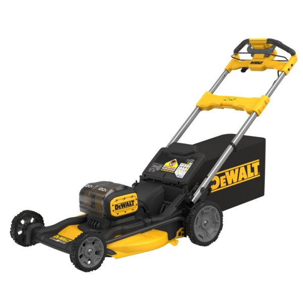 Dewalt battery lawnmower with 2 DCB210 batteries, 2 battery chargers, a grass bag, a discharge chute, and a mulch plug