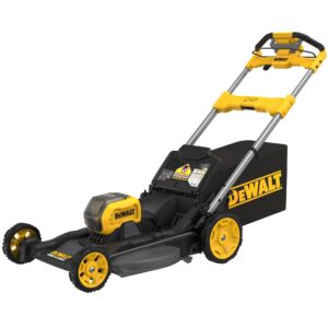 Maintain your property with the completely redesigned DEWALT mower, built from the battery up, for optimal electric cutting performance. The new 60V MAX* Brushless Rear Wheel Drive, Self-Propelled Mower features the patented High Efficiency Cutting System which utilizes the all-new steel cutting deck design, dual blade system, and autosense motor to deliver up to 75 minutes of runtime**. The lawnmower folds with one touch for easy storage and comes with 3-in-1 mulching, bagging and rear discharge capabilities.