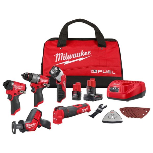 Milwauke M12 drill, impact driver, reciprocating saw, multi tool with attachments, flashlight, 2 M12 batteries, a battery charger, and a contractor's bag