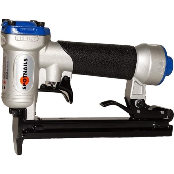 SPOTNAILS Pneumatic 22 Gauge 3/8" Crown Upholstery Stapler with a black magazine and trigger, and a mostly silver body