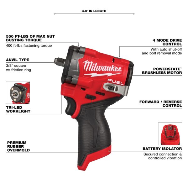 MILWAUKEE M12 FUEL™ Stubby 3/8" Impact Wrench - Image 3