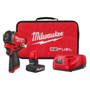 MILWAUKEE M12 FUEL™ Stubby 3/8" Impact Wrench Kit including an impact wrench, an M12 battery, and M12 battery charger, and a kit bag