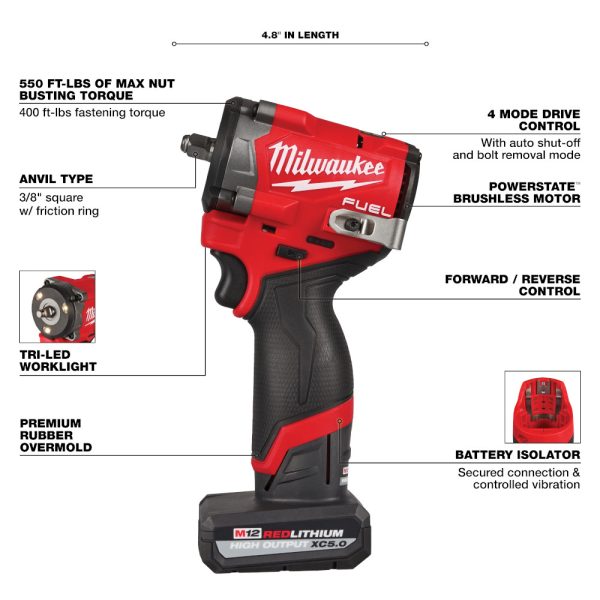 MILWAUKEE M12 FUEL™ Stubby 3/8" Impact Wrench Kit - Image 2